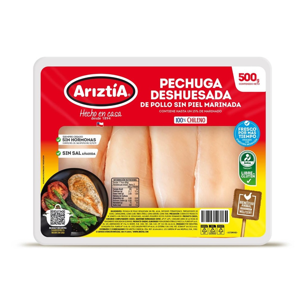[7804115001395] PECHUGA DESHUESADA POLLO SIN PIEL ARIZTÍA 500G