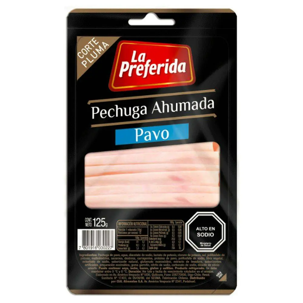 [7801916030227] PECHUGA AHUMADA PAVO CORTE PLUMA LA PREFERIDA 125G  